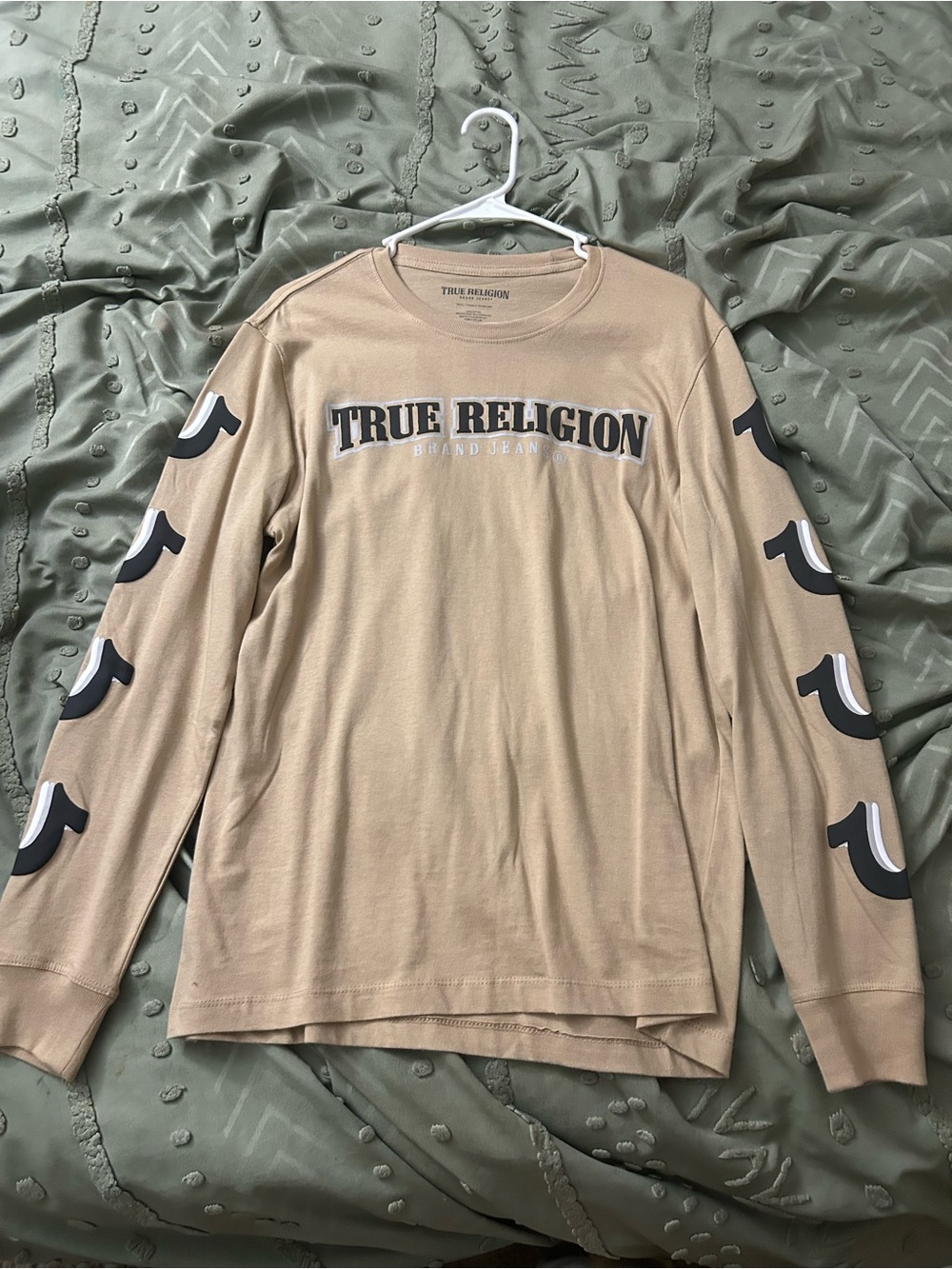 True Religion Men's Long Sleeve Tee in Tan with Black & White Sleeve Graphics